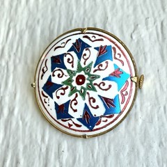 Vintage Metallic Enamel Trombone Clasp Geometric Pattern Gold Tone Brooch Pin
