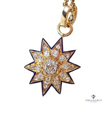 Antique Victorian GIA 19K Gold 1.21ctw Old Mine Diamond Blue Enamel Star Pendant