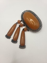 Vintage 1960s-70s Retro Revival Soviet Baltic Amber Teardrop Dangle Brooch Pin