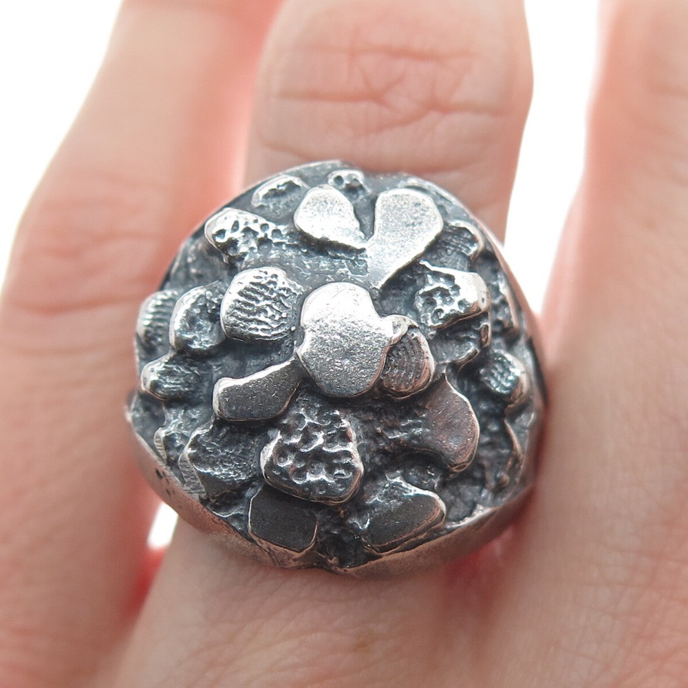 925 Sterling Silver Vintage Modernist Nugget Oxidized Ring Size 11.75