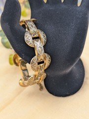 Vintage Toledo Damascene Bracelet Gold Black Silver Inlay W/ Safety Chain