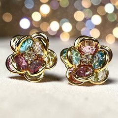 Vtg Bezel Set Earrings Pierced Pastel Blue Pink Clear Green Rhinestone Center