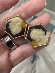 Vintage Hexagon Cameo Art Cufflinks Gold Tone Bullet Back Cream Brown