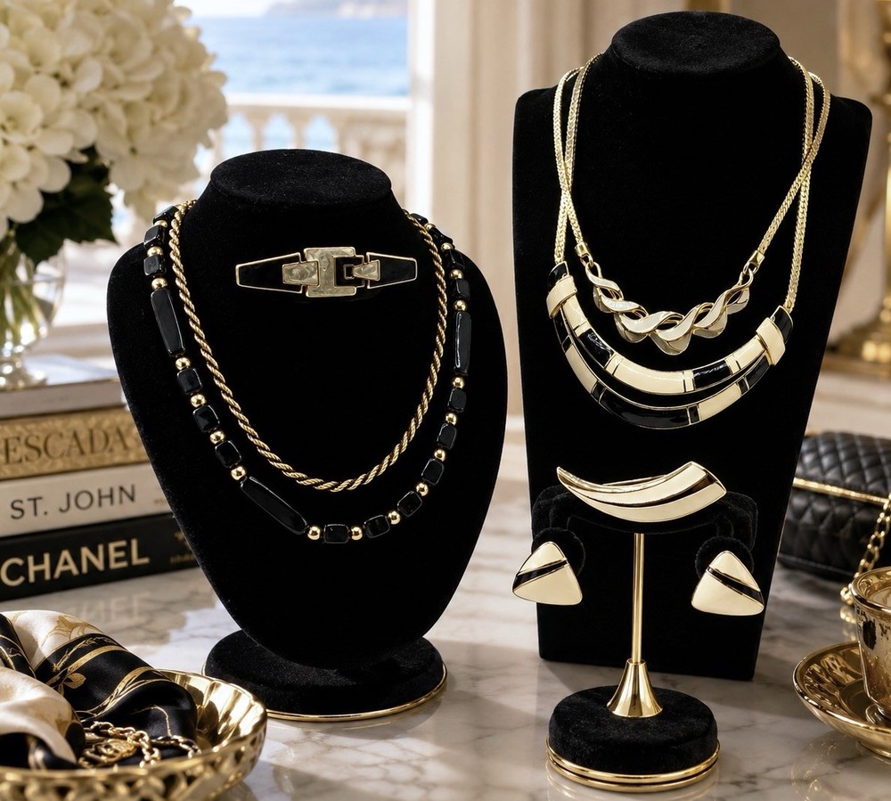 Signed Vintage Trifari Park Avenue Noir 7 Pc Power Era Black Cream Jewelry