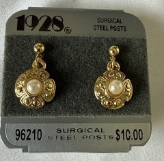 VTG 1928 Earrings Faux Pearl Metal Dangle Pierced Post Back Gold Tone