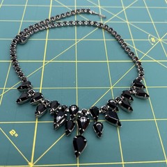Vintage Silver Tone Black Rhinestone Bib Necklace 15 1/2 Inches