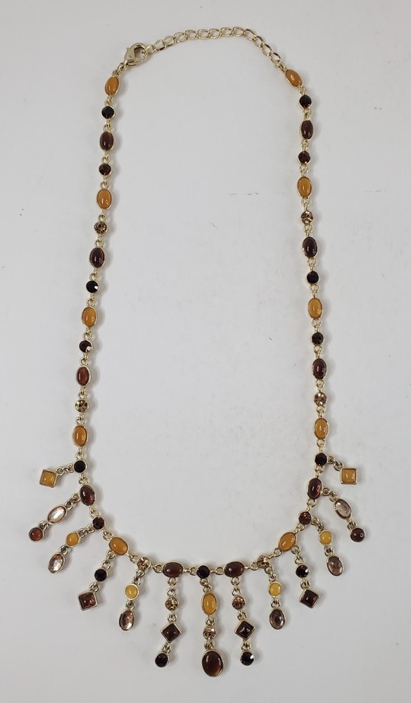 Vintage Cascading Bib Statement Necklace Rhinestone Brown Goldtone Gemstone