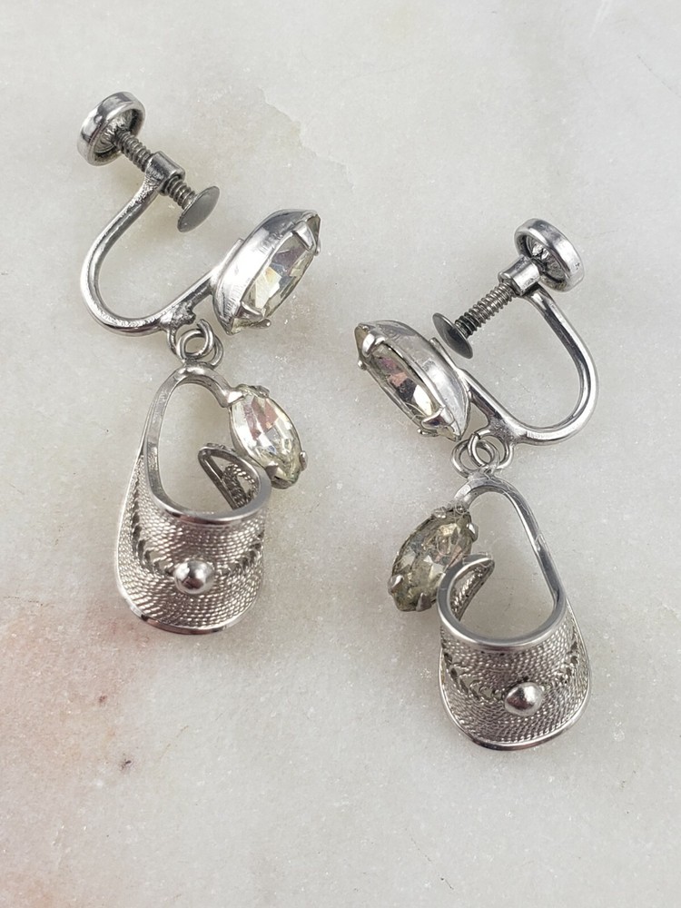 Espo Vintage Sterling Silver Flex 9mm Rhinestone Screw On Earrings 4.7 Grams