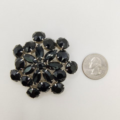 Vintage Black Glass Rhinestone Flower Brooch Pin Silver Tone Art Deco Style