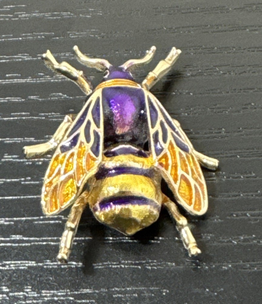 Vintage Gold Tone And Enamel Purple & Yellow Bumblebee Pin Brooch 1.5 In Long