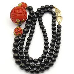 Asian Chinese Inspired Red Carved Cinnabar Black Onyx Bead Beaded Necklace 33 In
