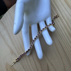 VTG Tennis Style Bracelet 7.25 Fold-Over Clasp Purple Crystals Yellow Gold Plate