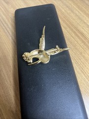 Vintage Humming Bird Brooch Gold Tone with Clear Rhinestones, Green Eye Stone