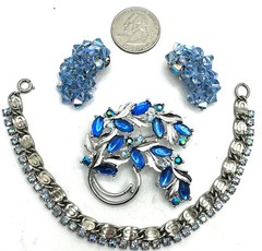 Lot Blue Sarah Coventry Marquise Cab Brooch AB Earrings & Silver Tone Bracelet
