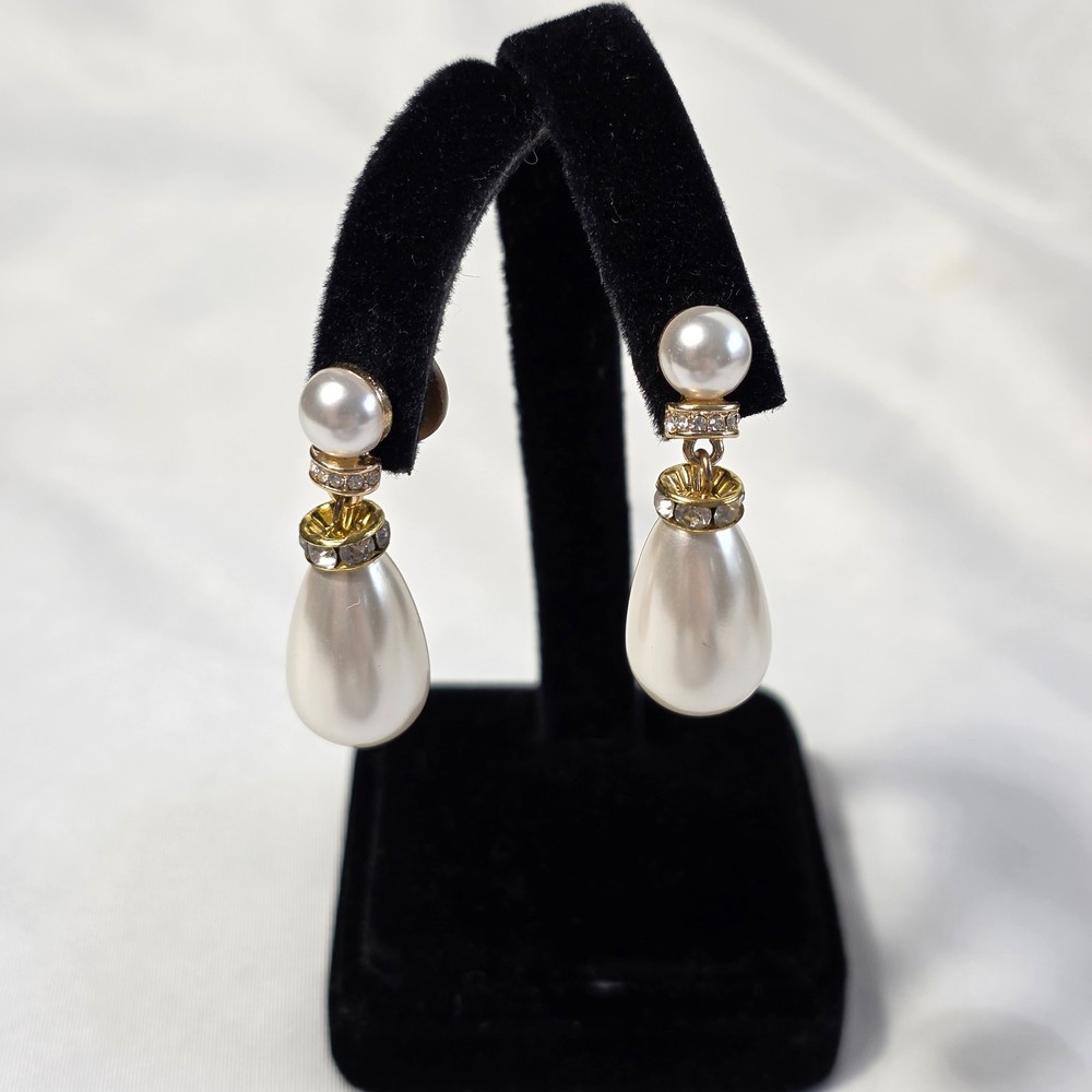 Monet Pearl Drop Earrings Stacked Tiered Faux Pearls & Crystal Accents