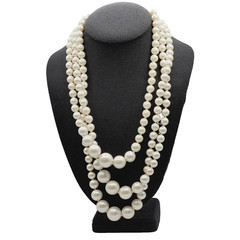 Triple Strand Chunky Simulated Faux Pearl Knotted Necklace Vintage Japan 24 Inch