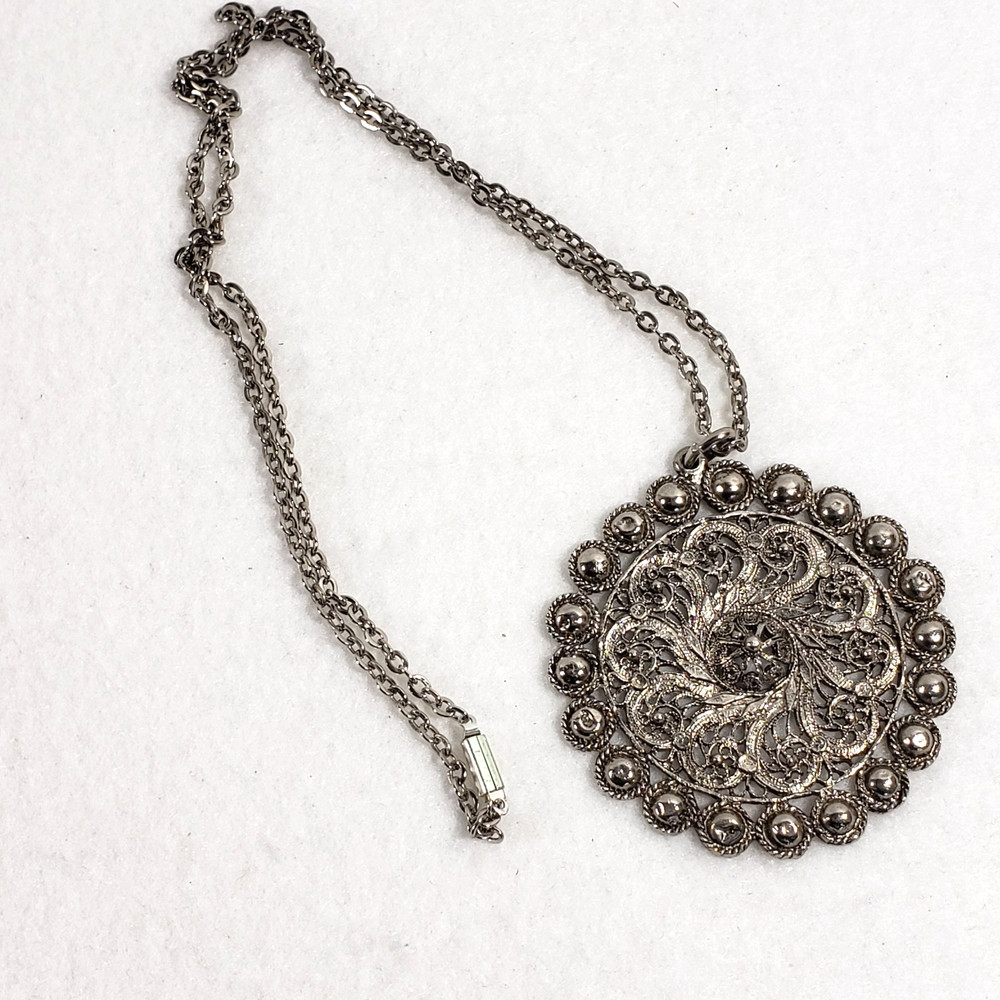Vintage Silver Tone Filigree Pendant Necklace 26 in Curb Chain Retro Boho