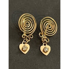 Vintage Gold Swirl Earrings & Brooch with Heart Pendants 3 piece Set 3.1g