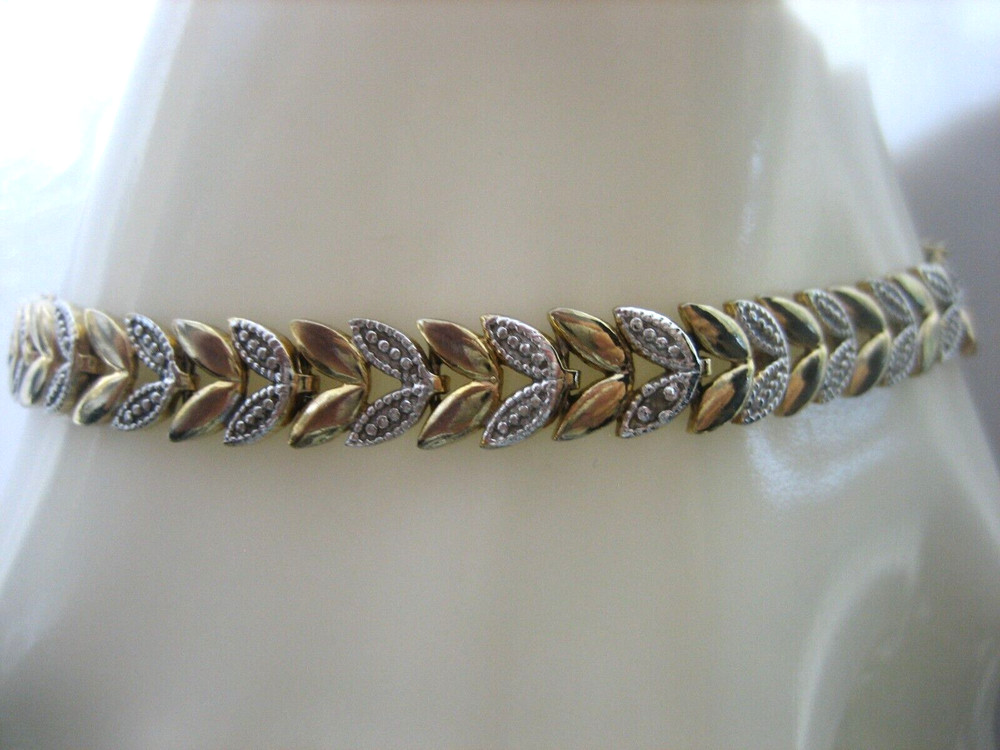 FAS 925 Sterling Silver Diamond Two Tone Leaf Link Chevron Tennis Bracelet