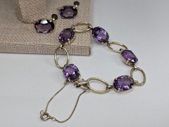 835 Silver Amethyst Bracelet Earring Set 7″ Mid Century Screw Back