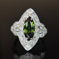 Art Deco Marquise Green Tourmaline Diamond Platinum Ring