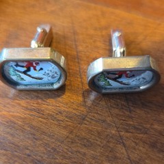 Swank Vintage Hand-Painted Skiing Sports Brass Rectangular Cufflinks