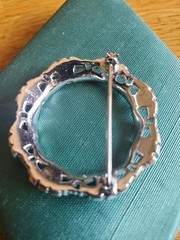 Classy Mazer Circle Pin Silver Tone w/ Clear Tapered Baguette & Emerald Stones