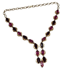 Red Pink Marquise Shape Rhinestone Gold Tone Necklace Negligee Lariat Vtg