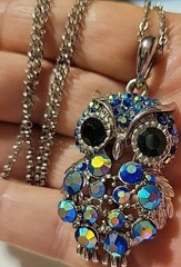 Vintage Silvertone Signed 1946 AB Rhinestones Owl Pendant And Necklace 32in