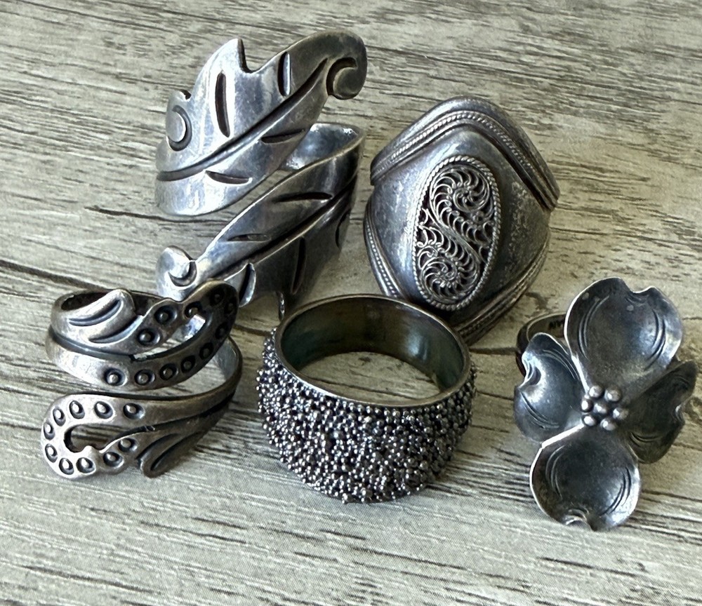LOT Vintage Taxco Sterling Silver 925 Wrap Dogwood Chunky Rings No Stones 28g