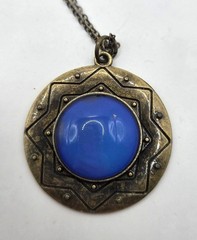 Antique Brass Look Necklace With Blue Glass Stone Pendant On Chain