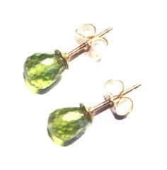 Natural 7MM Faceted Peridot Briolette Gemstone Diamond Cut Stud Earrings 14K GF