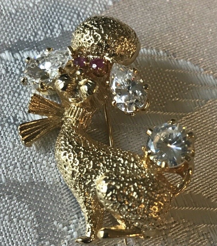 Pretty Poodle Pin/Brooch ruby eyes clear cubic zirconia ears and tail
