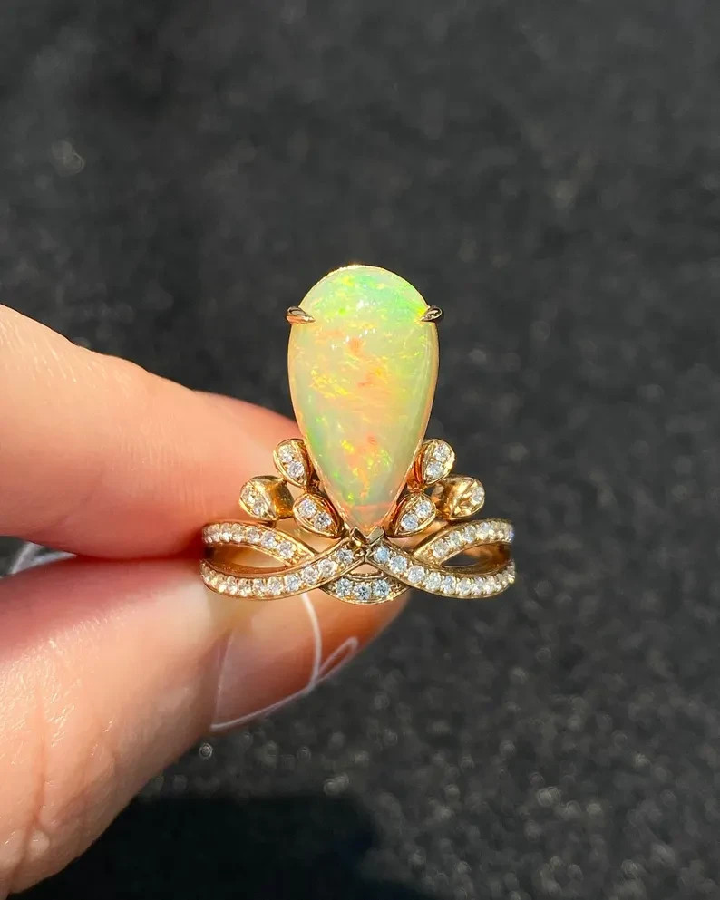 18K Gold Plated Sterling Silver Natural Fire Opal Pear Engagement Ring for Her