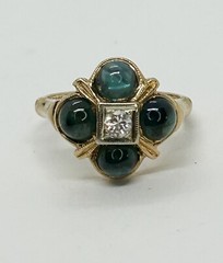 Antique Ring Blue-Green Tourmaline & Diamond 14k Yellow Gold Size 4.5