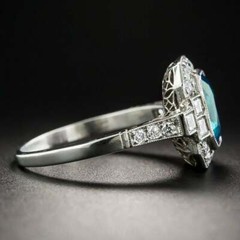 Art Deco Blue Topaz & Lab-Created Diamond Halo Wedding 14K White Gold FN Ring