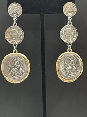 VTG. Etruscan Disc Drop Earrings Zeus Greek Roman Coin Matte Silver Golden 2 7/8