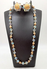 Vintage gold tone clear AB faceted crystal necklace and clip on earrings set