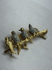 Vintage Joan Rivers Gold Silver Rhinestones Birds on The Branch Brooch Pin