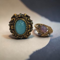 Vintage Gold Tone Cocktail Ring Set Teal, Faux Opal Sarah Coventry & Fire Flower
