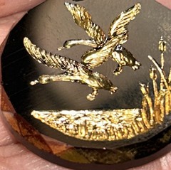 Vintage German Intaglio Glass Duck Pendant Necklace Gold Scene 24” MCM 1950s