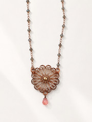 Copper & Brass Filigree Daisy Necklace with Peach & Gray Moonstone | 24″