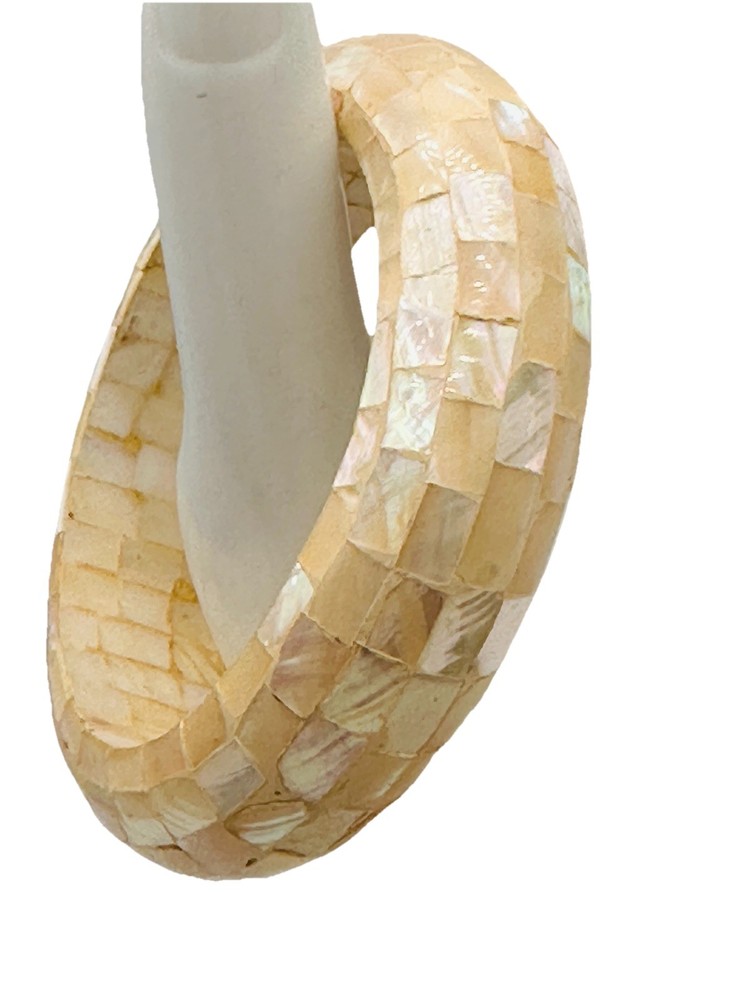 Vintage Mother of Pearl Mosaic Bangle Bracelet Cream Ivory Shell Wide Statement