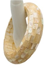 Vintage Mother of Pearl Mosaic Bangle Bracelet Cream Ivory Shell Wide Statement