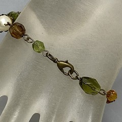 Glass Bead Bracelet Antique Gold Tone Green Yellow Brown Faux Pearl Acrylic 7.25