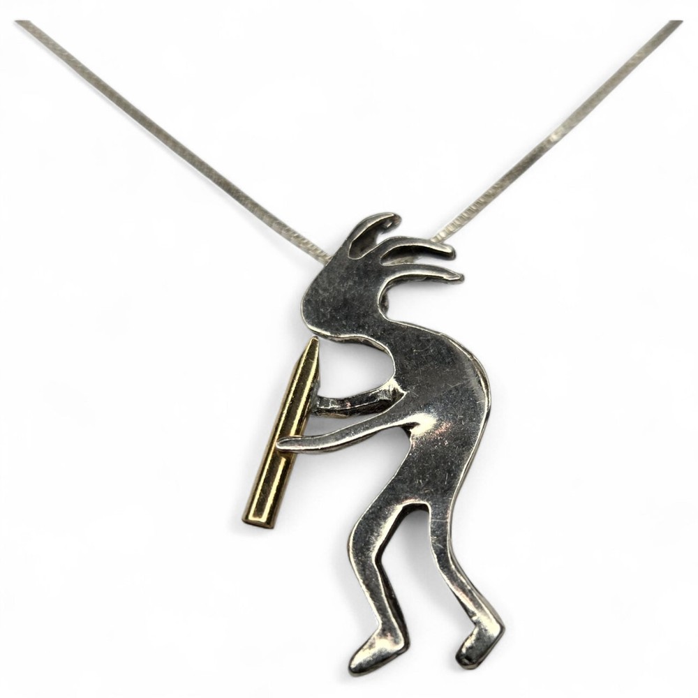 Sterling Silver 925 and 14KT Gold Kokopelli Pendant with Box Chain Necklace