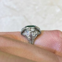 Antique Green Emerald & Lab Created Diamond Three-Stone Wedding 925 Silver Ring