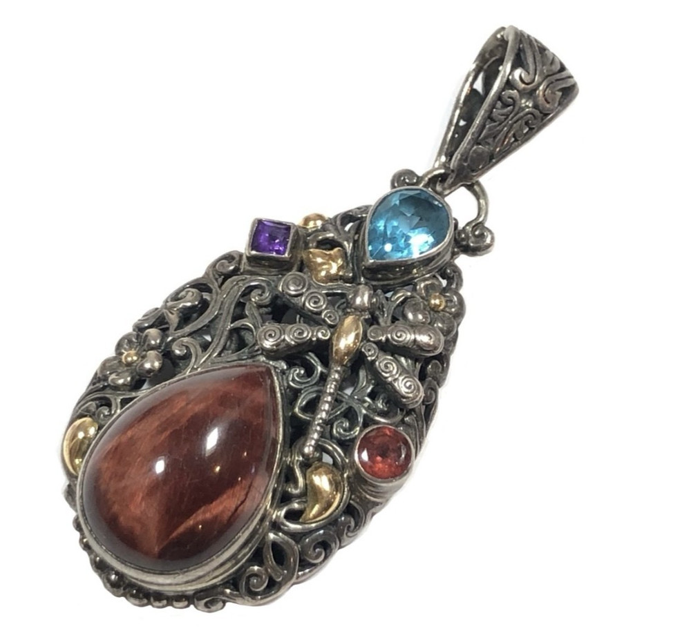 935 & 18K Gold JTV Artisan of Bali Carnelian Amethyst Dragonfly Necklace Pendant