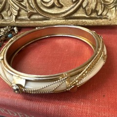 Vintage Gold and White Enamel Bangle Bracelet for Women