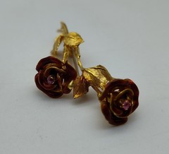 Vintage Long Stem Rose Flower Ruby Stone 18K Yellow Gold Enamel Brooch Pin Lapel